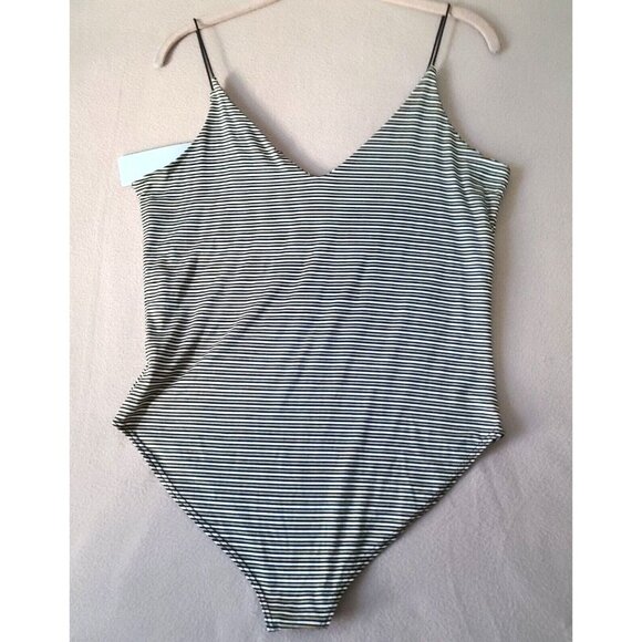 Gaze DTLA V Neck Bodysuit with Thin Straps Size L Stripes Black/White/Gold NWT - Picture 3 of 8
